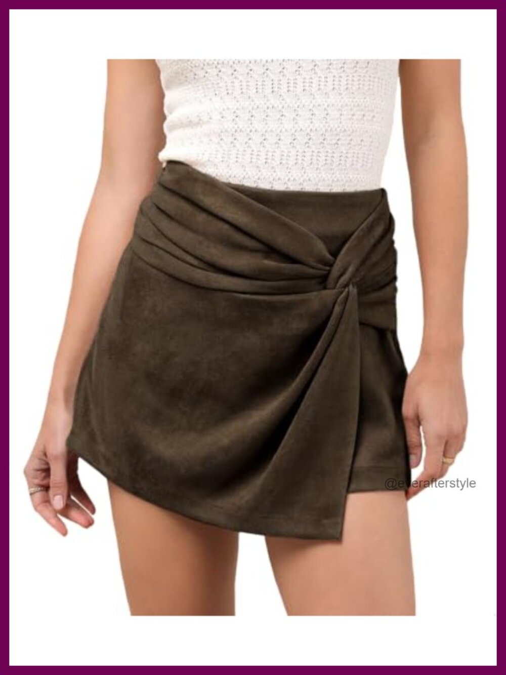Faux Suede Mini Skort Wrap Front Knot Ruched Hidden Zip Women's